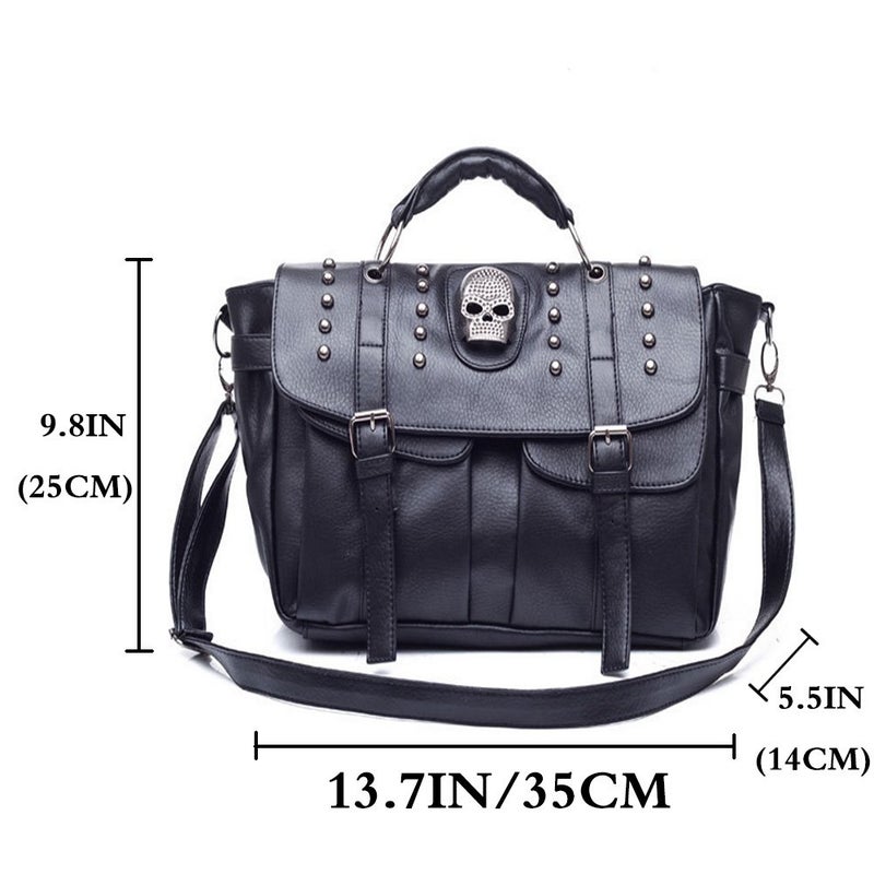 FiveloveTwo Personality Womens Handbag Purse Skull Rivet Top Handle Shoulder Crossbody Bag Middle Punk Satchel Tote Blackâ€¦ - Image 2